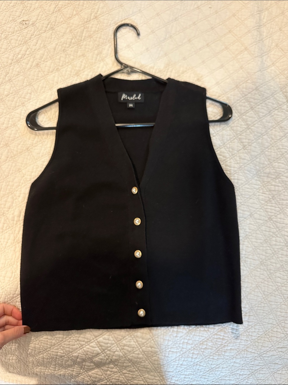Marled Black Sleeveless Tank with Pearl Buttons